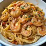 Shrimp pasta dish with garlic, herbs, and a light seasoning, served over fettuccine for a delicious seafood pasta recipe. Perfect for easy family dinners or special occasions.