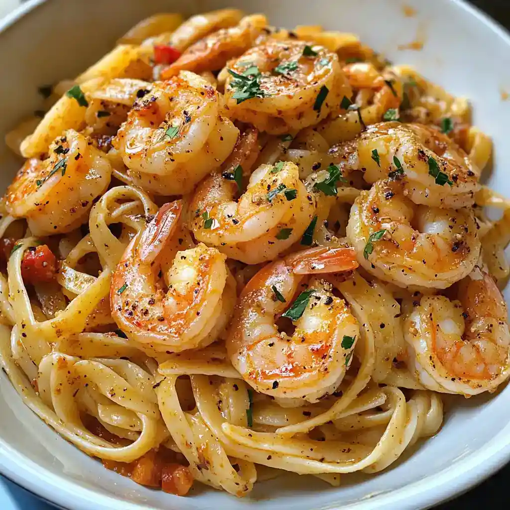 Shrimp pasta dish with garlic, herbs, and a light seasoning, served over fettuccine for a delicious seafood pasta recipe. Perfect for easy family dinners or special occasions.