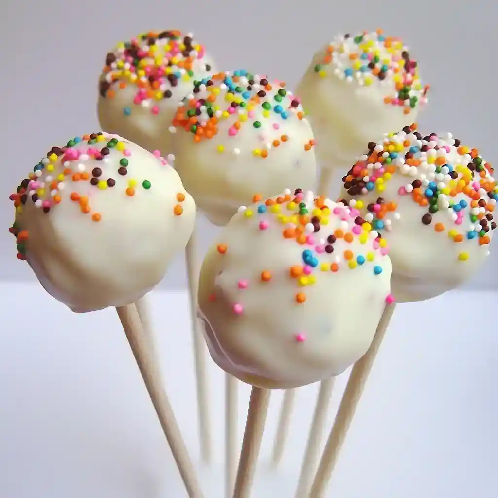 Creamy white chocolate cake pops decorated with colorful rainbow sprinkles, perfect for parties and celebrations. A delightful treat from Station Recipes for any special occasion.