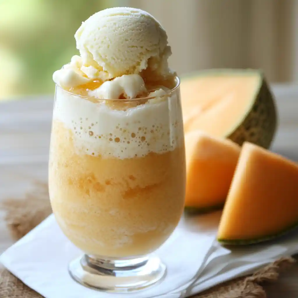 Creamy cantaloupe smoothie with vanilla ice cream and fresh melon chunks, perfect for summer refreshment. Made with fresh cantaloupe and vanilla flavor, ideal for healthy, delicious smoothies.