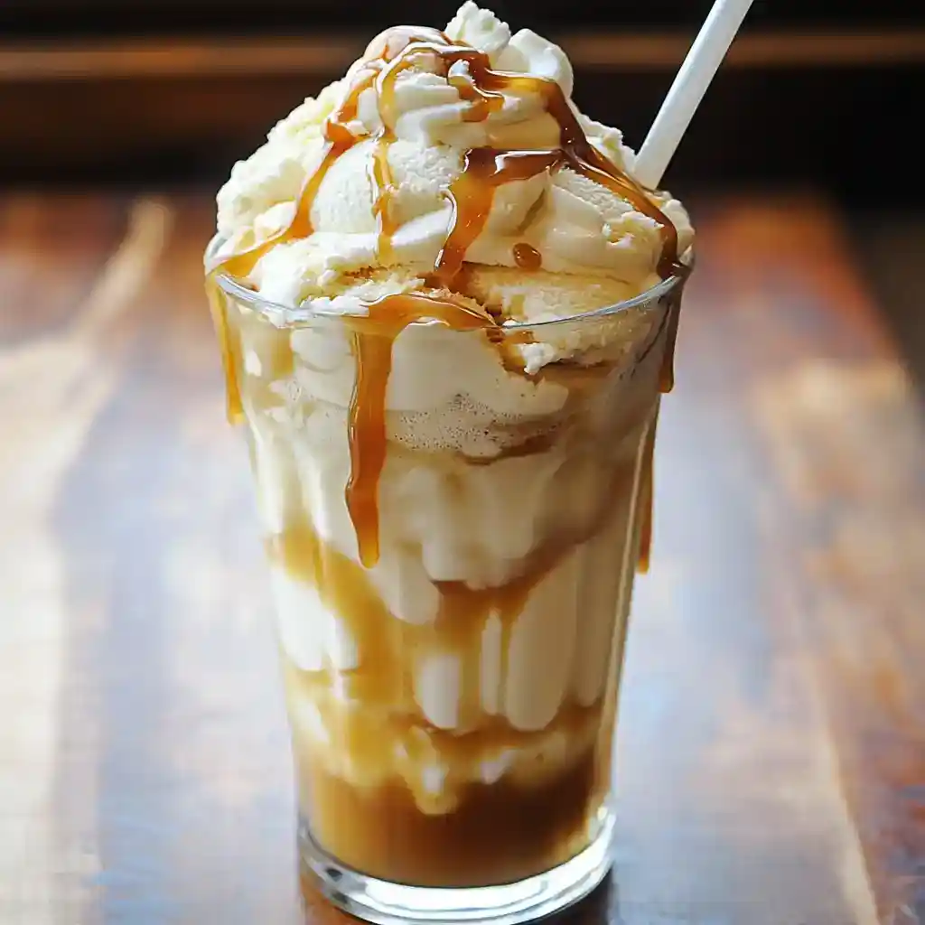 Creamy vanilla ice cream sundae topped with caramel syrup in a tall glass with a straw, served on a wooden table. Perfect for dessert lovers and sweet treat enthusiasts.