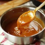Creamy caramel sauce melting in a saucepan with a spoon; perfect for desserts and baking.
