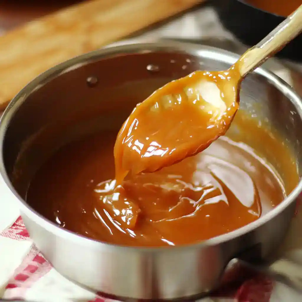 Creamy caramel sauce melting in a saucepan with a spoon; perfect for desserts and baking.
