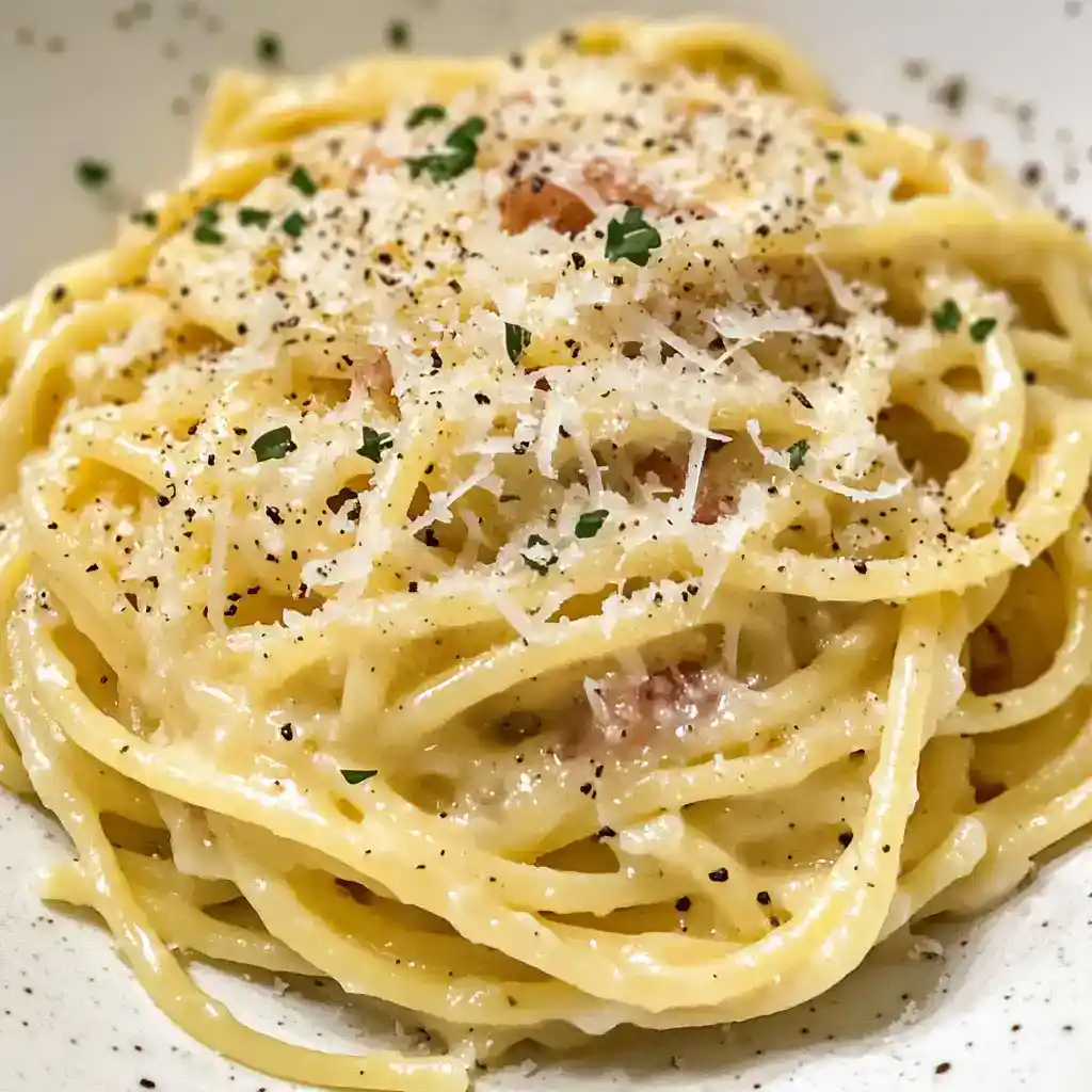 Creamy Alfredo pasta with grated Parmesan, black pepper, and fresh herbs on top, served on a white plate. Perfect comfort food recipe for pasta lovers.