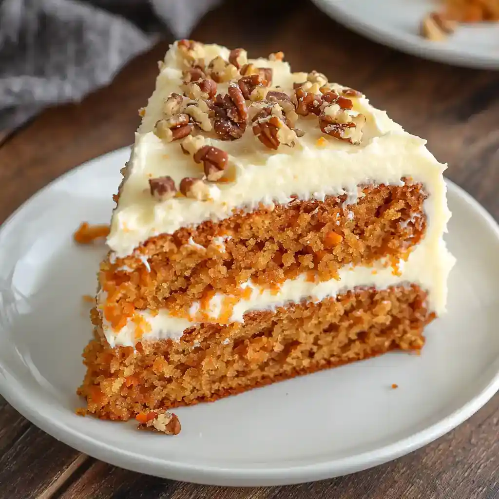 Rich carrot cake slice with cream cheese frosting and chopped pecans on top, served on a white plate, perfect for dessert or celebration.