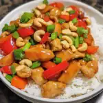 Stir-fried chicken with vegetables and cashew nuts served over white rice, featuring colorful bell peppers and green onions for a flavorful Asian-inspired dish.
