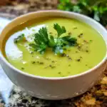 Creamy green vegetable soup garnished with fresh parsley and cracked black pepper, served in a white bowl on a rustic countertop. Perfect healthy recipe from Station Recipes.