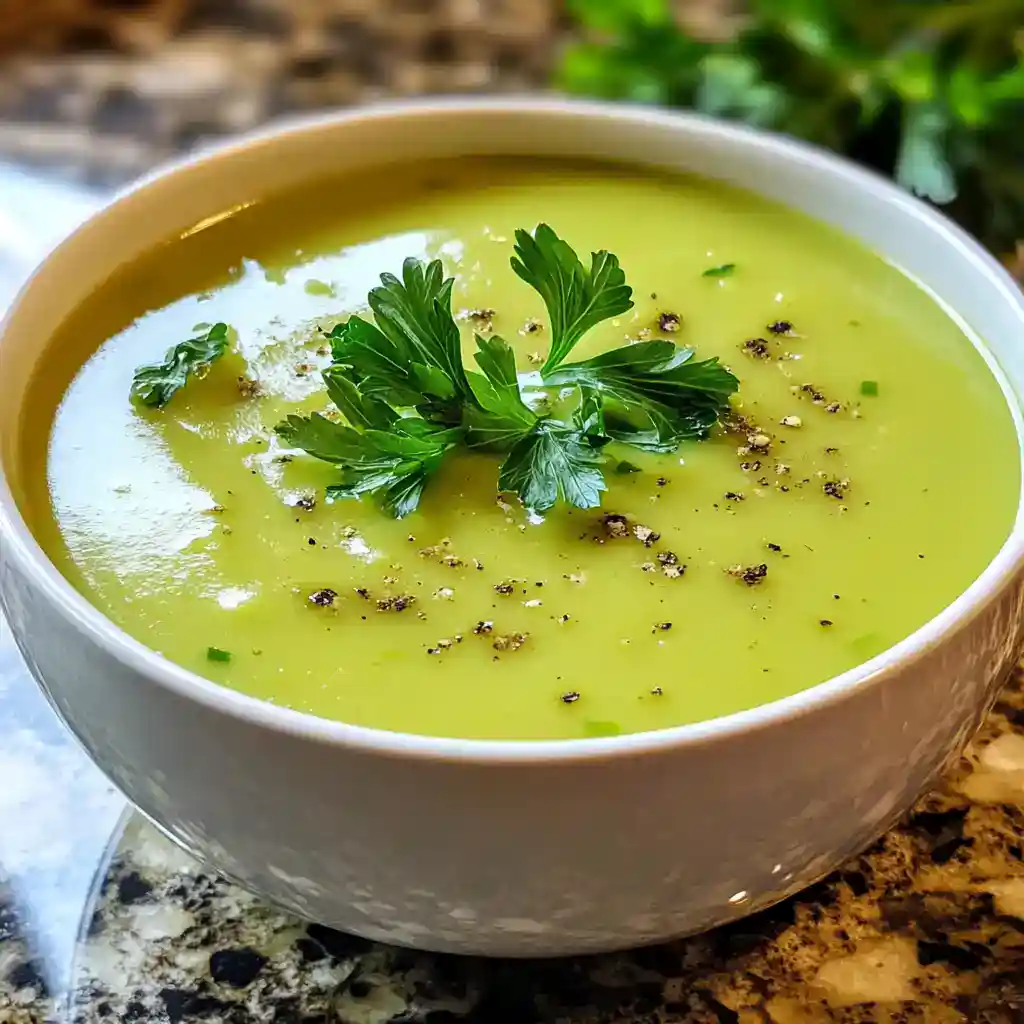 Creamy green vegetable soup garnished with fresh parsley and cracked black pepper, served in a white bowl on a rustic countertop. Perfect healthy recipe from Station Recipes.