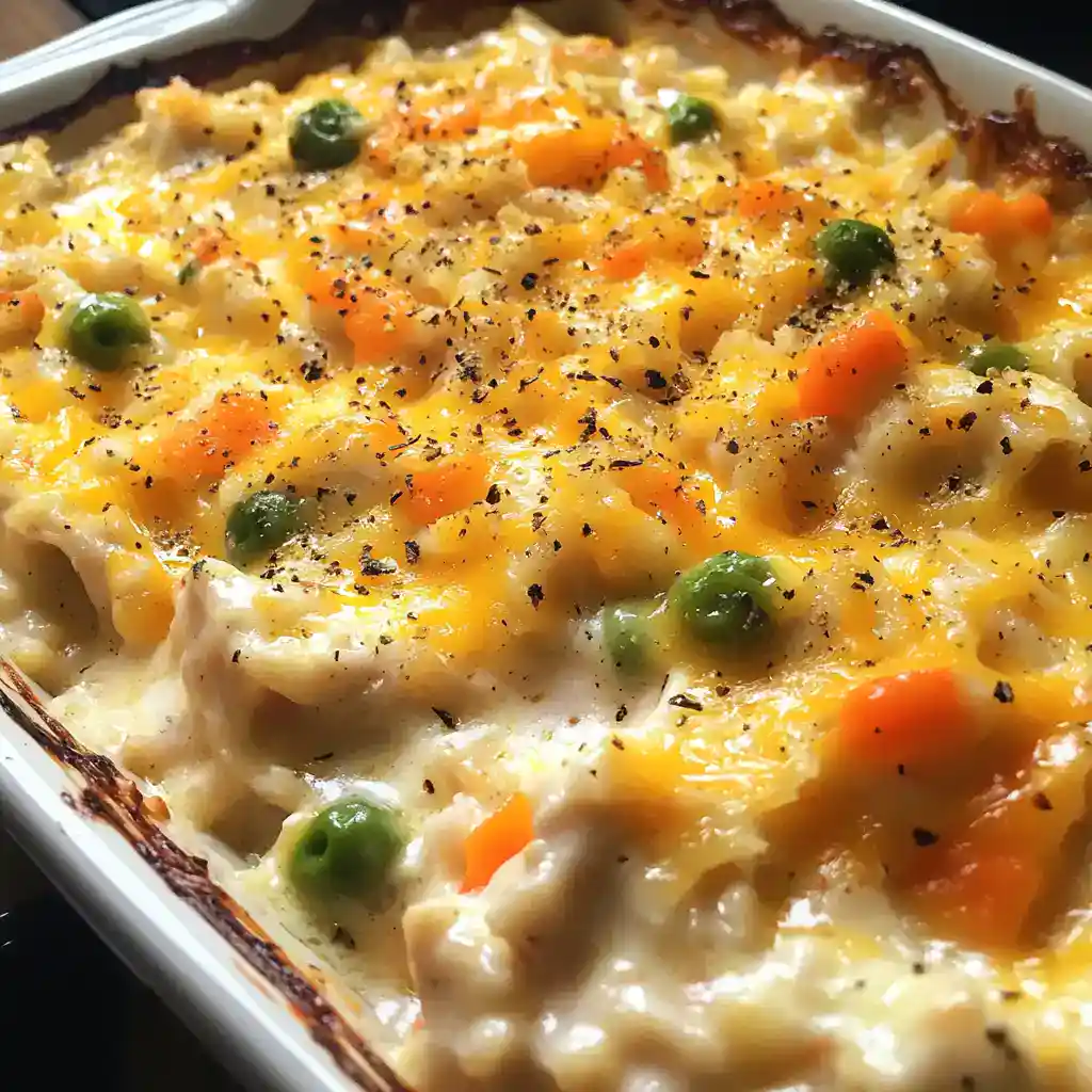 Creamy Chicken and Vegetable Bake with peas, carrots, and melted cheese, seasoned with black pepper, perfect for comforting family dinners. Great for meal prep and freezer-friendly options.
