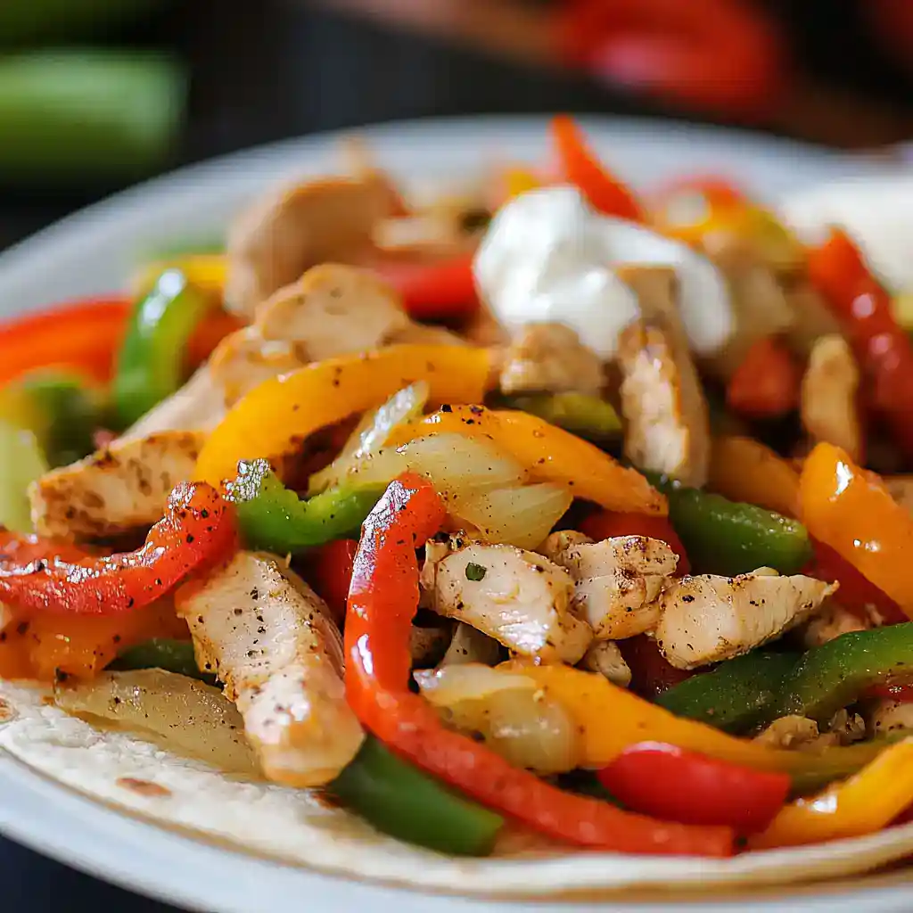 Tender grilled chicken fajitas with colorful sautéed peppers and onions, topped with a dollop of sour cream, served on a warm flour tortilla – a delicious, easy Mexican-inspired recipe.