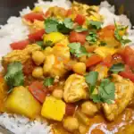 Creamy chicken and chickpea curry with fresh vegetables served over fluffy white rice, garnished with cilantro, perfect for a flavorful and healthy meal.