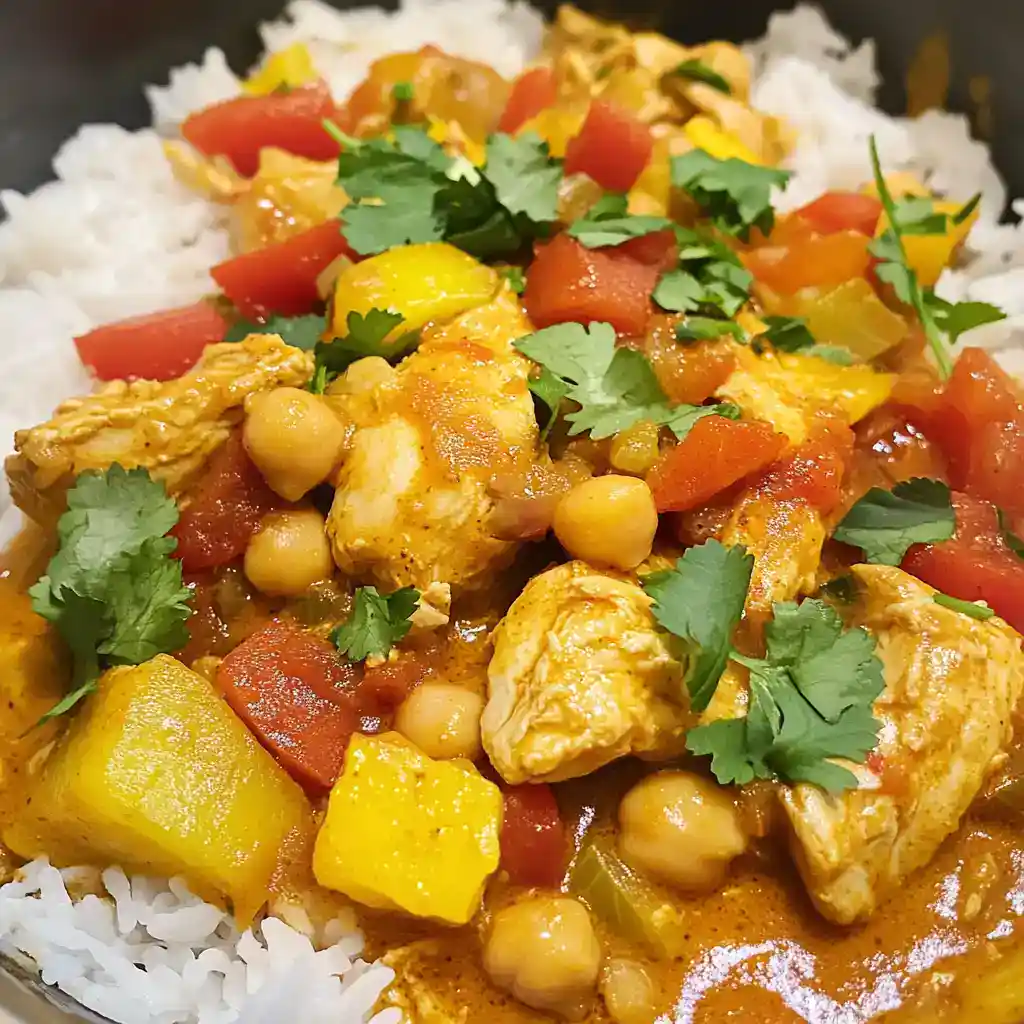 Creamy chicken and chickpea curry with fresh vegetables served over fluffy white rice, garnished with cilantro, perfect for a flavorful and healthy meal.