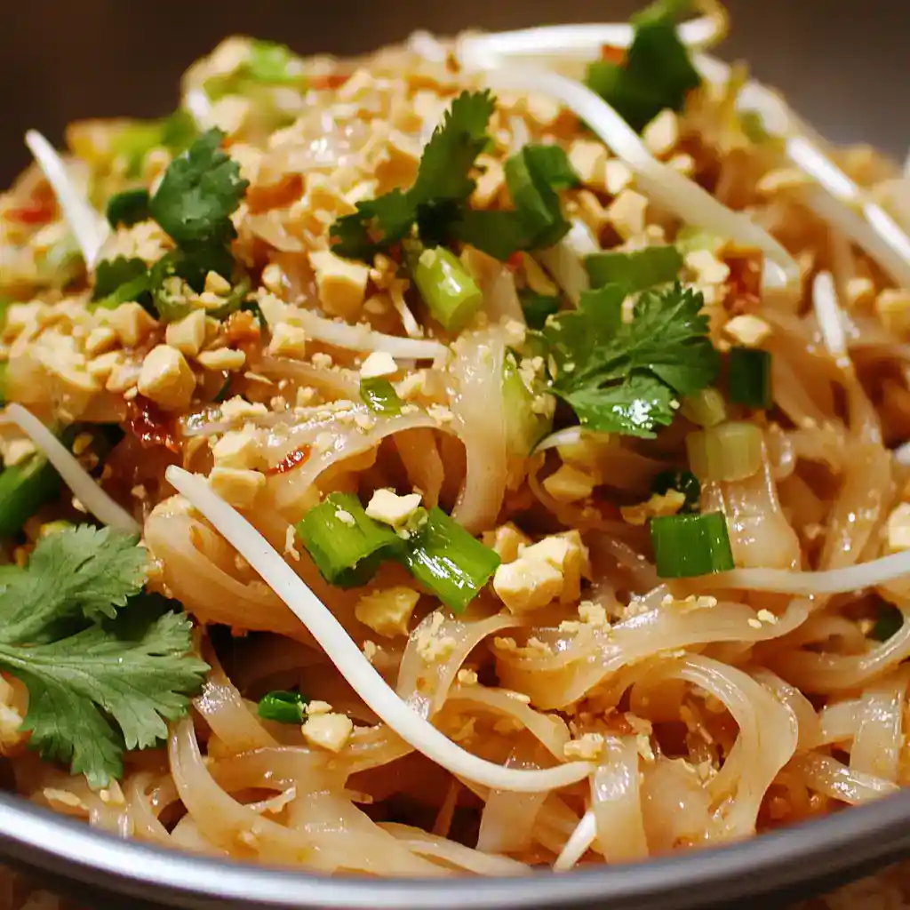 1. Fresh vegetable stir-fry with rice noodles, chopped peanuts, cilantro, and green onions, perfect for quick Asian-inspired meals.