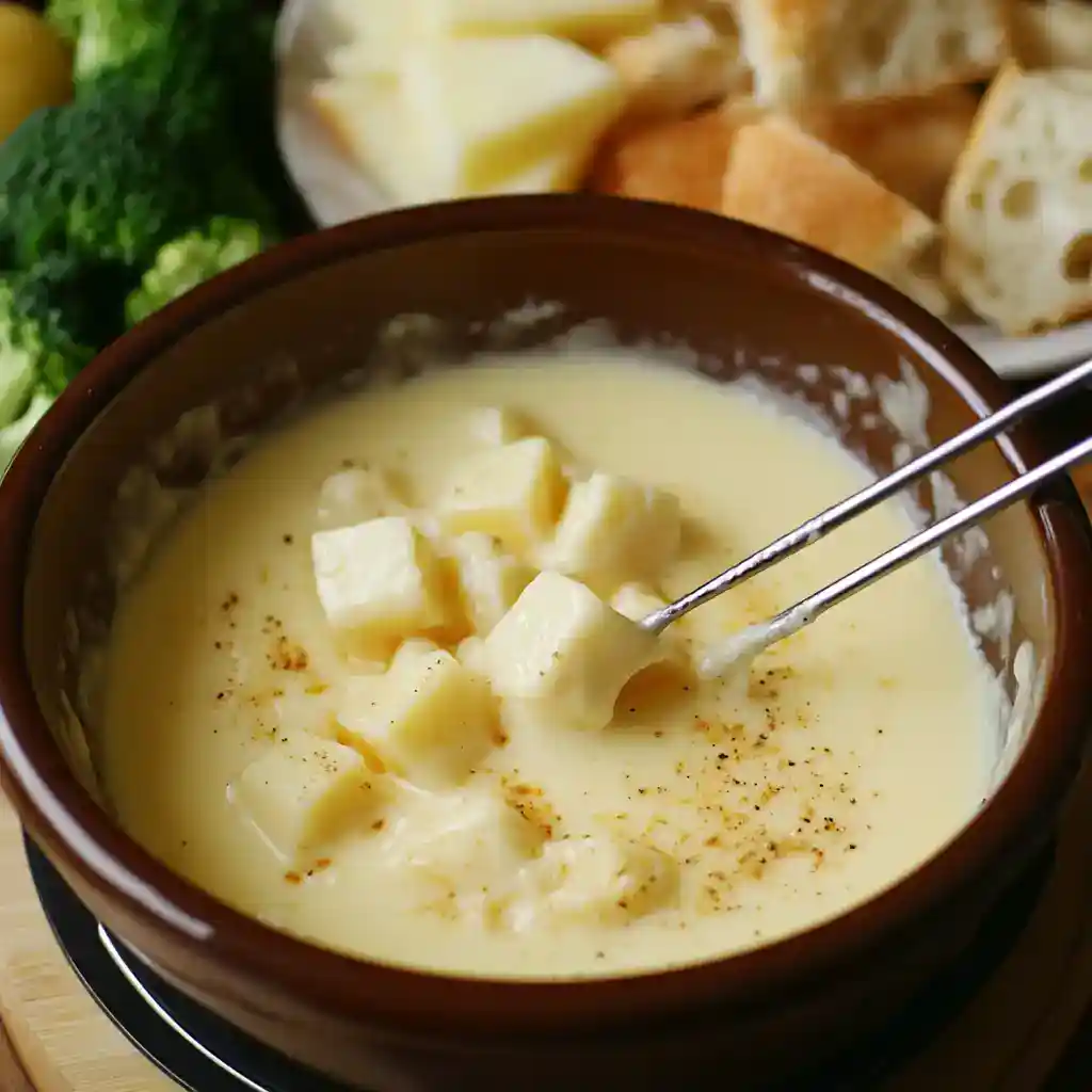 Creamy cheese fondue with melted cheese cubes in a rustic brown bowl, served with fresh vegetables and bread for dipping, perfect for cozy gatherings and festive occasions.
