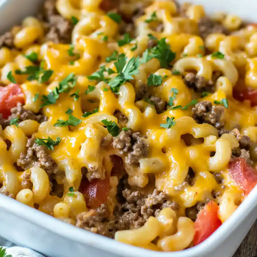 Cheesy ground beef macaroni casserole with tomatoes and fresh herbs, a creamy and hearty comfort food dish perfect for family dinners.