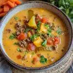 Creamy ground beef and vegetable soup with carrots, peppers, and fresh herbs in a rustic bowl, perfect for comforting homemade meals and easy weeknight cooking.
