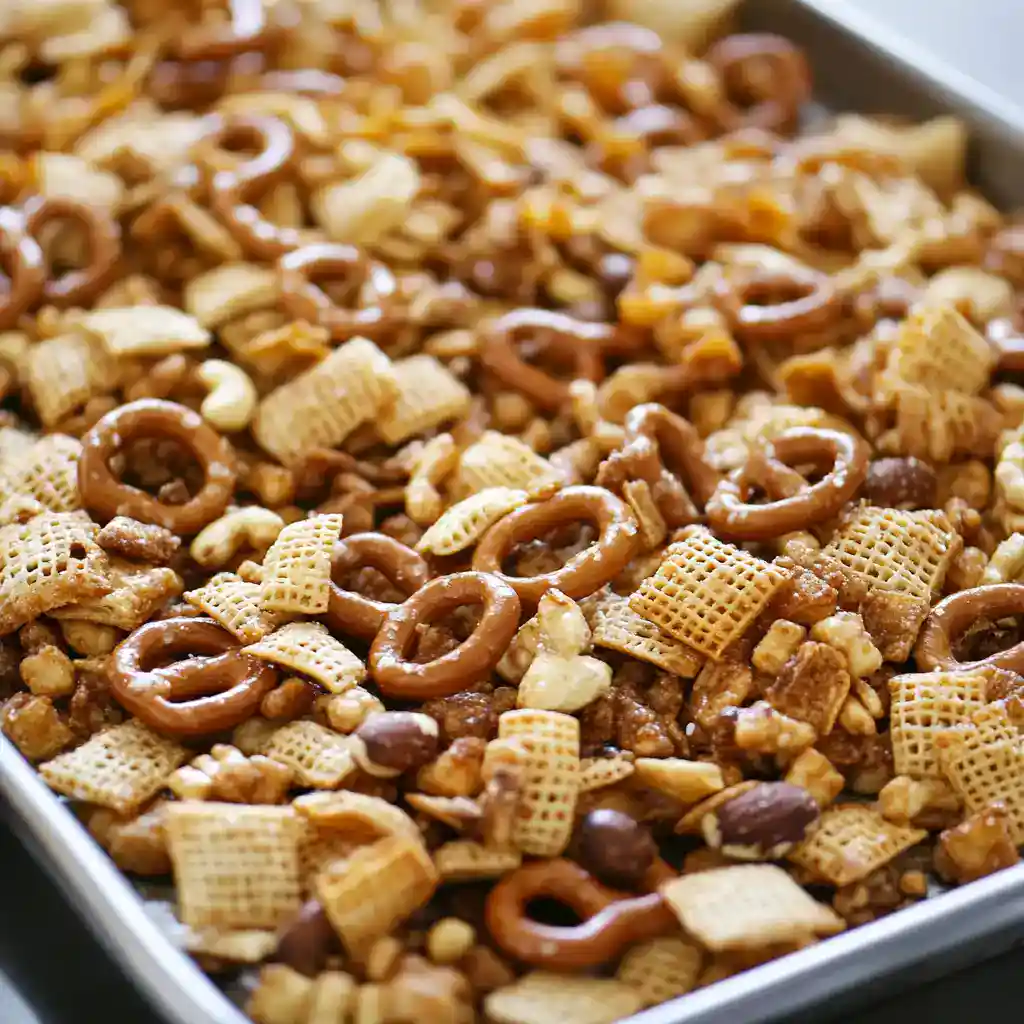 Crunchy snack mix with pretzels, cereal, and nuts in a baking dish for easy serving.