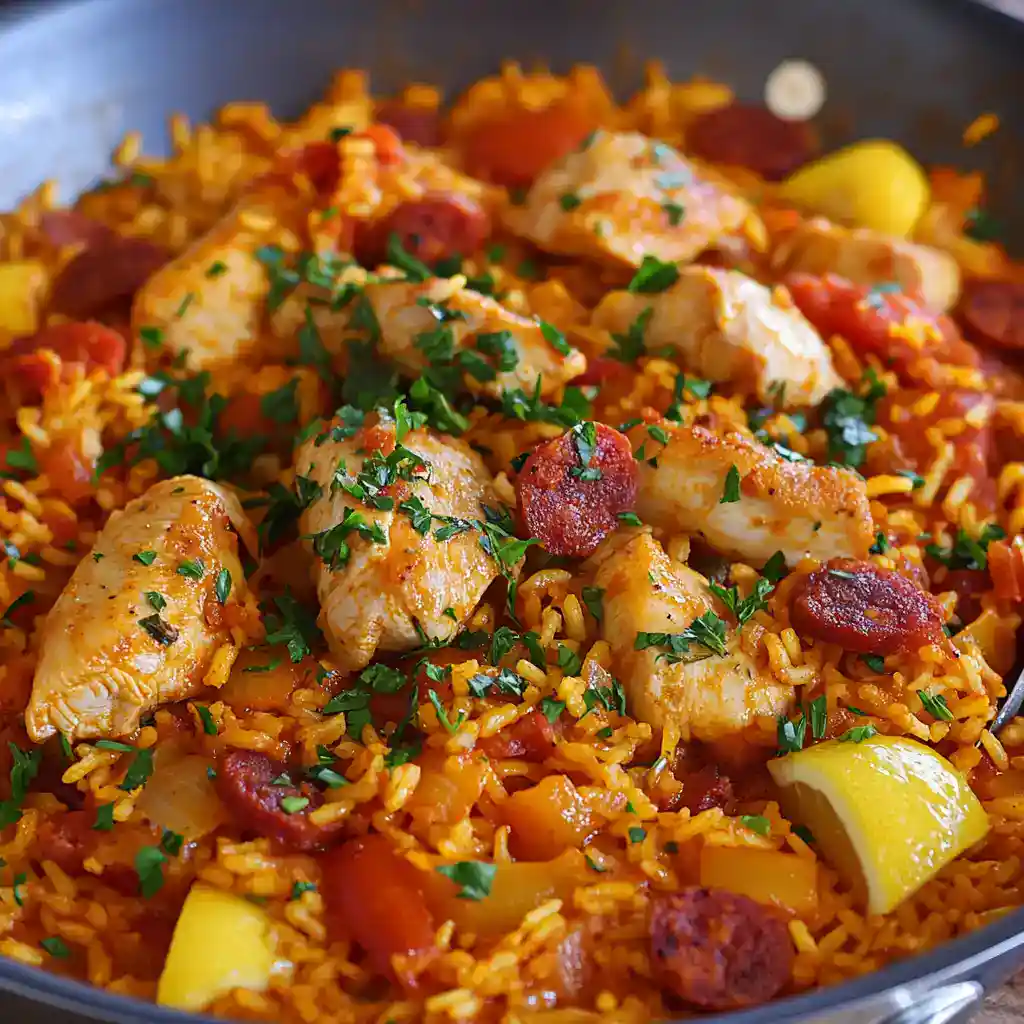 Spicy chicken and chorizo paella with rice, lemon wedges, and fresh parsley garnish in a skillet, highlighting flavorful Spanish rice dishes.