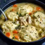 Creamy Chicken and Dumplings Soup with Vegetables and Herbs, Comfort Food Recipe, Easy Homemade Chicken Soup, One-Pot Chicken and Dumplings, Hearty Chicken Stew with Carrots and Thym.