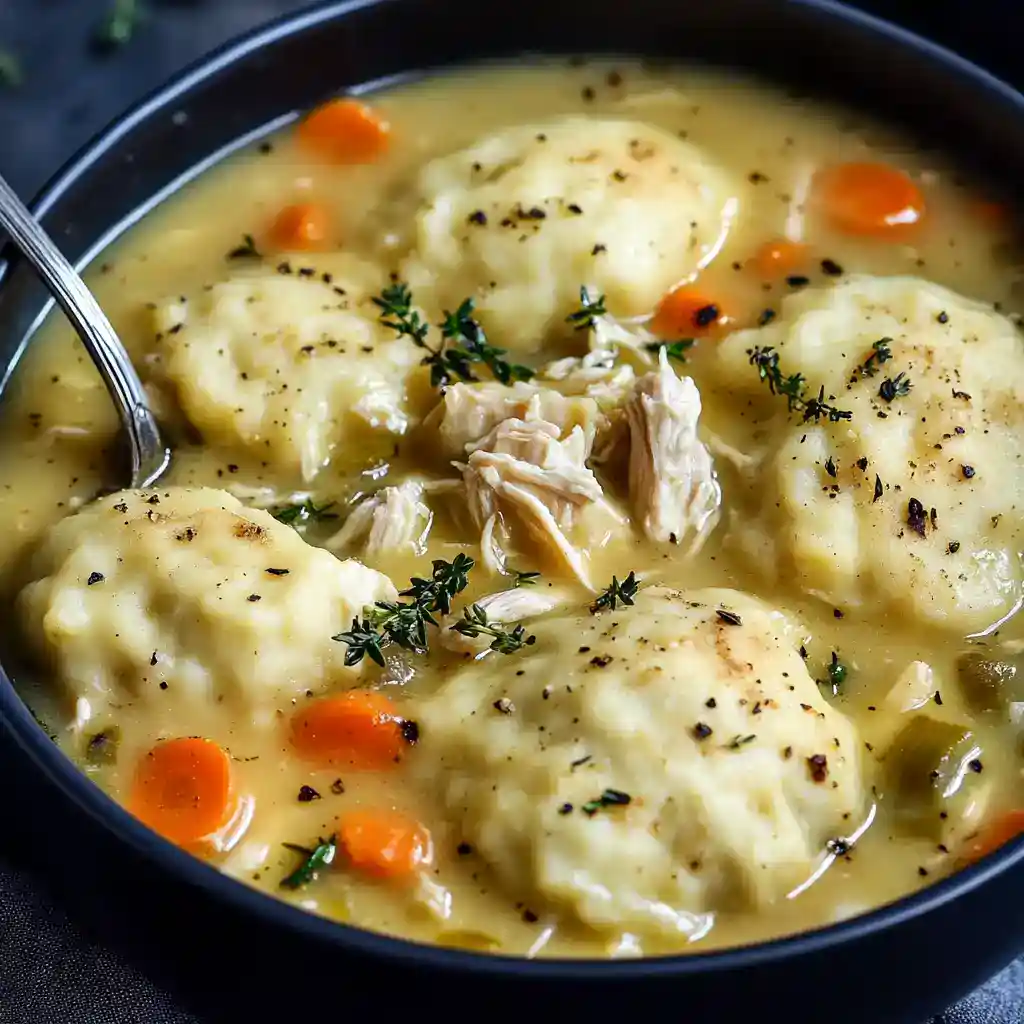 Creamy Chicken and Dumplings Soup with Vegetables and Herbs, Comfort Food Recipe, Easy Homemade Chicken Soup, One-Pot Chicken and Dumplings, Hearty Chicken Stew with Carrots and Thym.