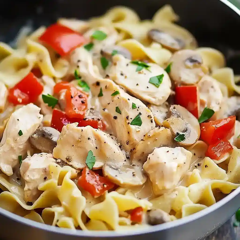 Creamy chicken and mushroom pasta with fresh herbs and spices, perfect for quick and delicious weeknight dinner options from Station Recipes.
