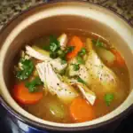 Savory chicken vegetable soup with fresh herbs in a cozy bowl, perfect for comfort meals and cold weather.
