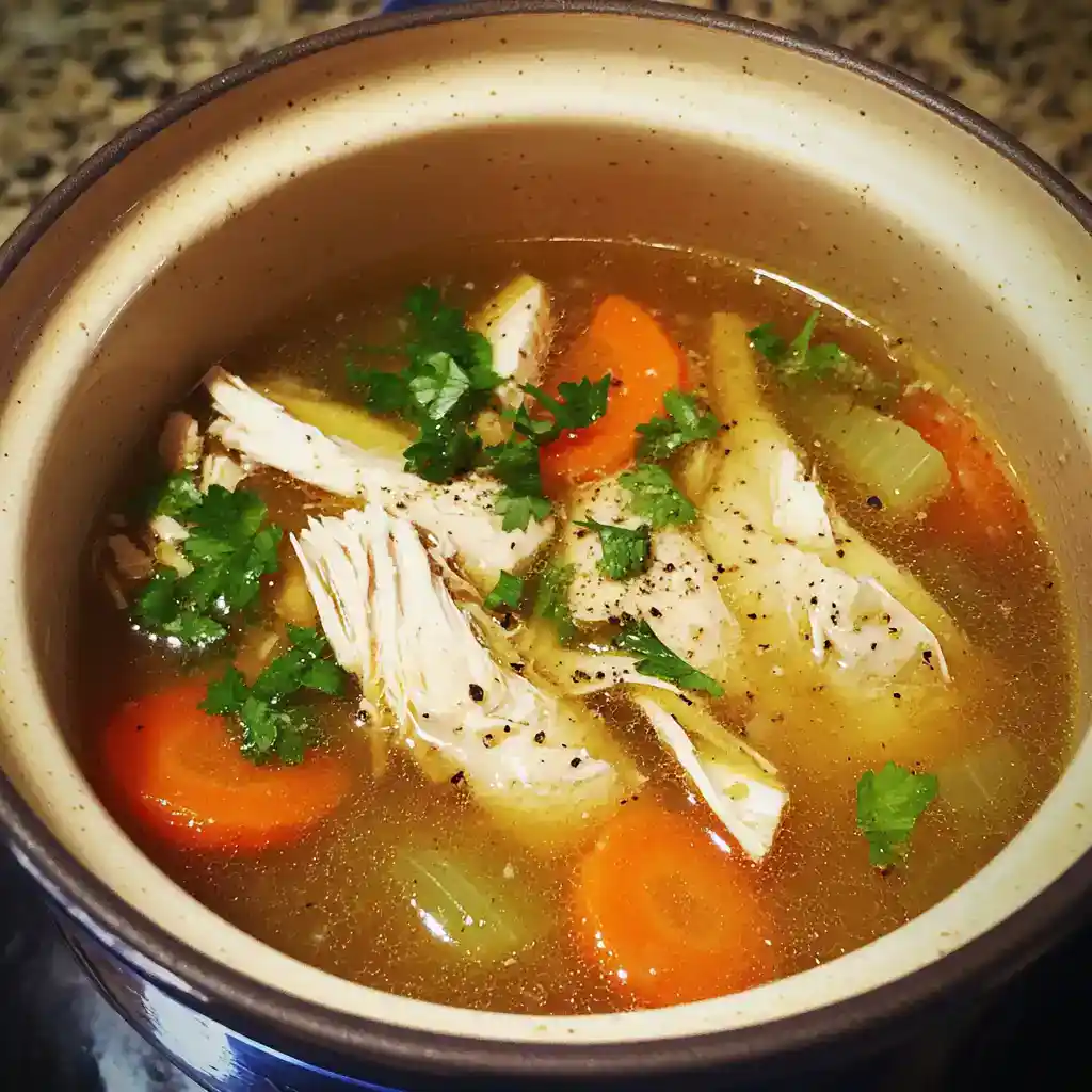 Savory chicken vegetable soup with fresh herbs in a cozy bowl, perfect for comfort meals and cold weather.