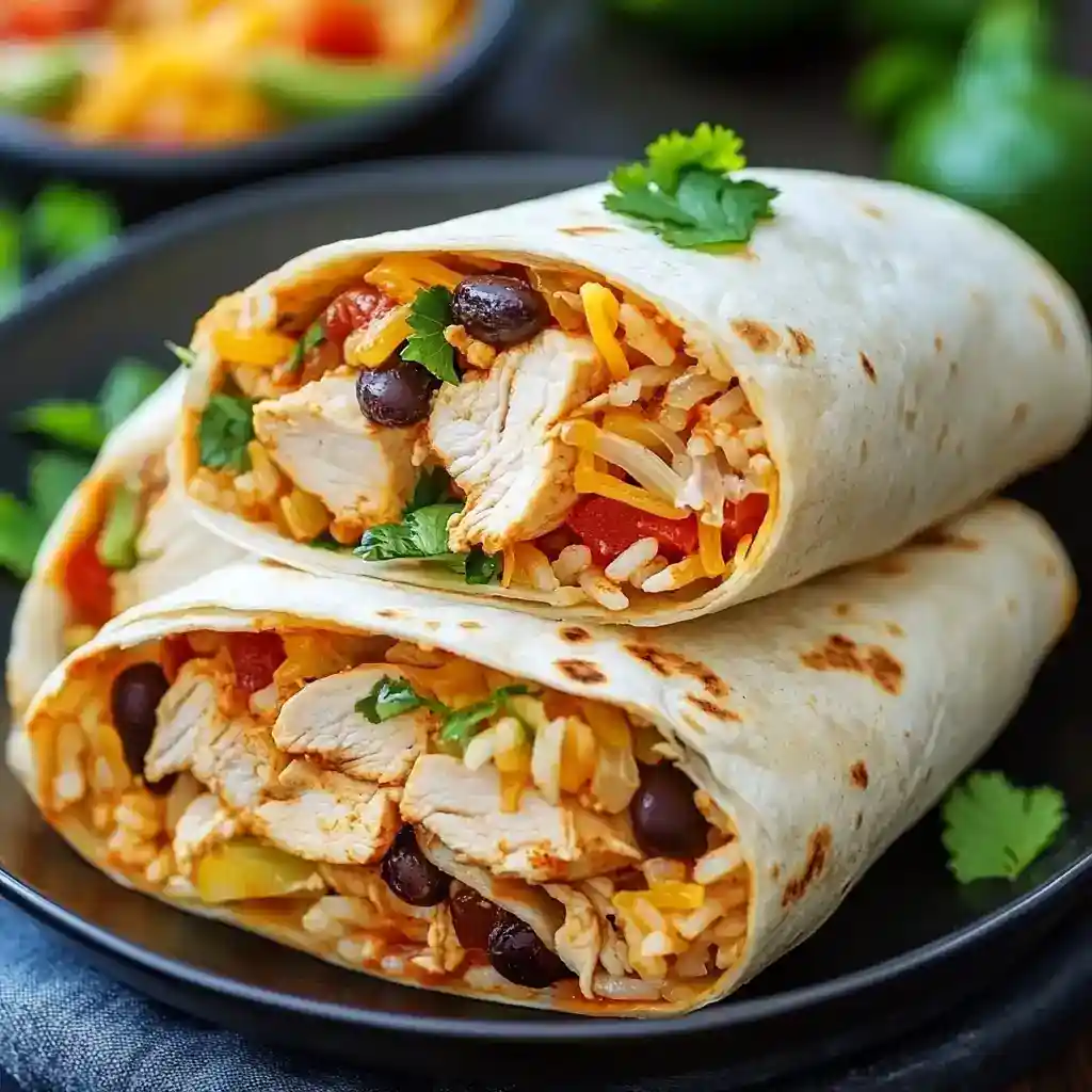 Stuffed chicken and rice burritos with black beans, vegetables, and cheese on a black plate, garnished with cilantro, perfect for quick and delicious Mexican-inspired meals.