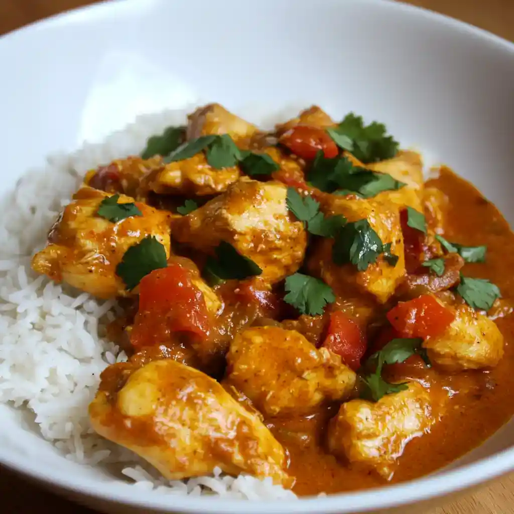 Savory chicken curry served over white rice, garnished with fresh cilantro, with a rich, flavorful sauce made from spices, tomatoes, and herbs, perfect for a comforting meal.