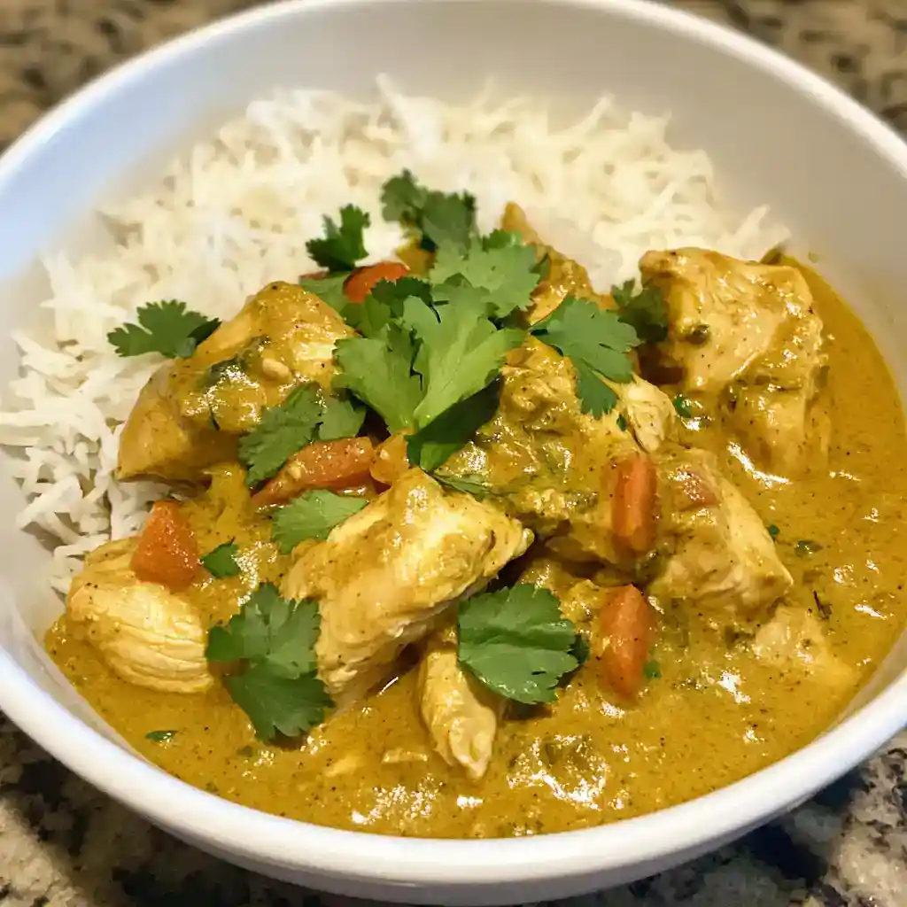 Creamy chicken curry served with white rice, garnished with fresh cilantro, featuring tender chicken pieces in a flavorful, spiced sauce. Perfect for a comforting meal.