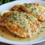 Golden baked chicken with creamy herb gravy and lemon slices on a white plate. Perfect comfort food recipe from Station Recipes, ideal for dinner or family meals.