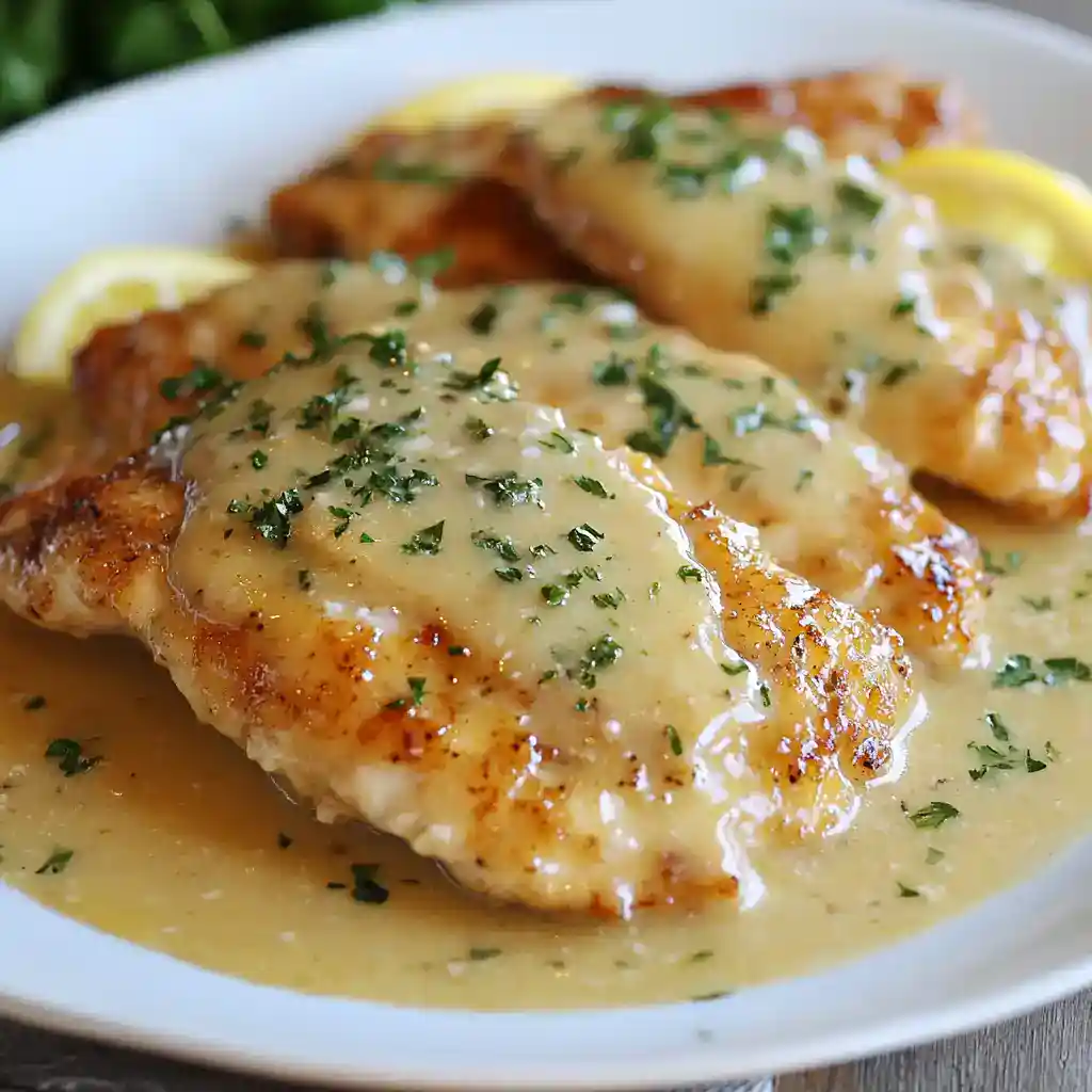 Golden baked chicken with creamy herb gravy and lemon slices on a white plate. Perfect comfort food recipe from Station Recipes, ideal for dinner or family meals.