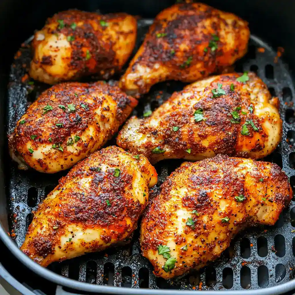 Juicy, perfectly seasoned baked chicken thighs with crispy skin, garnished with fresh herbs, cooked in an air fryer for easy and flavorful meal prep.