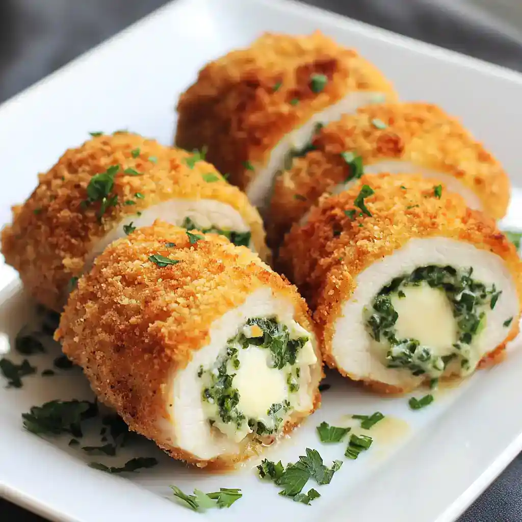 Crispy chicken cordon bleu with creamy spinach filling, golden breadcrumb coating, served on a white plate with fresh parsley garnish. Perfect for herbed, cheesy, and breaded chicken recipes.