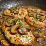 Juicy chicken breasts topped with sautéed mushrooms and fresh herbs, cooked in a flavorful sauce, perfect for a quick and delicious dinner. An easy chicken mushroom recipe from Station Recipes.