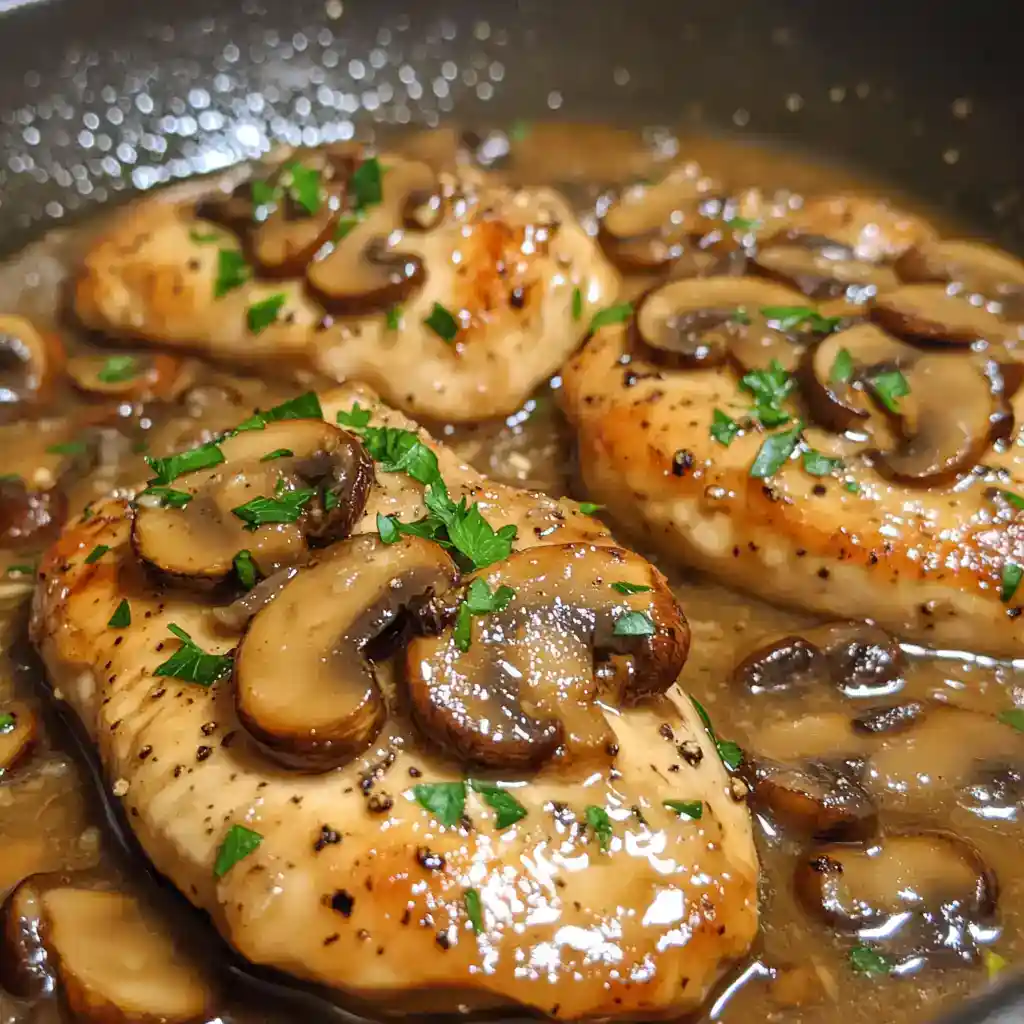 Juicy chicken breasts topped with sautéed mushrooms and fresh herbs, cooked in a flavorful sauce, perfect for a quick and delicious dinner. An easy chicken mushroom recipe from Station Recipes.