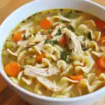 Savory chicken noodle soup with vegetables, carrots, celery, herbs, and tender shredded chicken in a clear broth, perfect for comforting home-cooked meals.