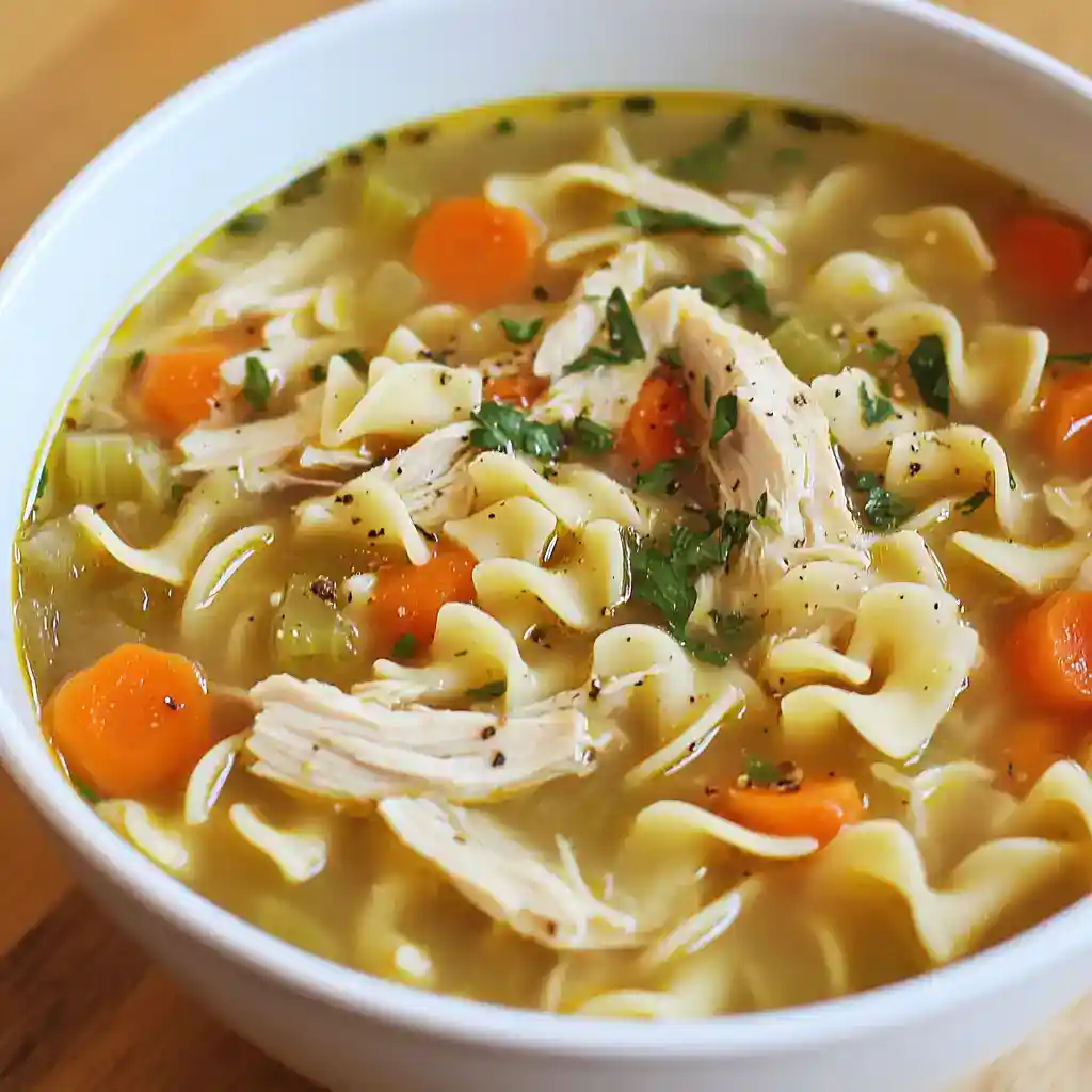 Savory chicken noodle soup with vegetables, carrots, celery, herbs, and tender shredded chicken in a clear broth, perfect for comforting home-cooked meals.