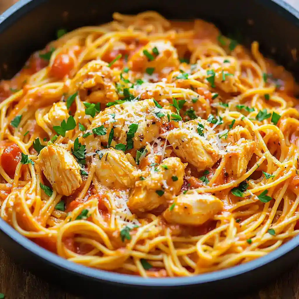 Shredded chicken spaghetti in a creamy tomato sauce garnished with fresh parsley on a black skillet, showcasing a delicious and hearty homemade protein-packed pasta dish perfect for family dinners.