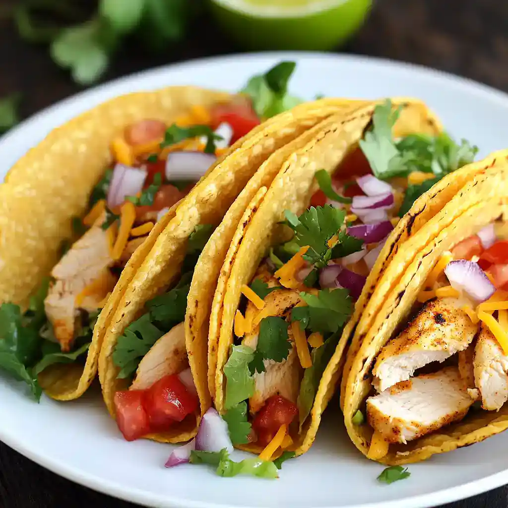Crispy chicken tacos with fresh vegetables, tomatoes, cilantro, and shredded cheese on a white plate - Station Recipes.