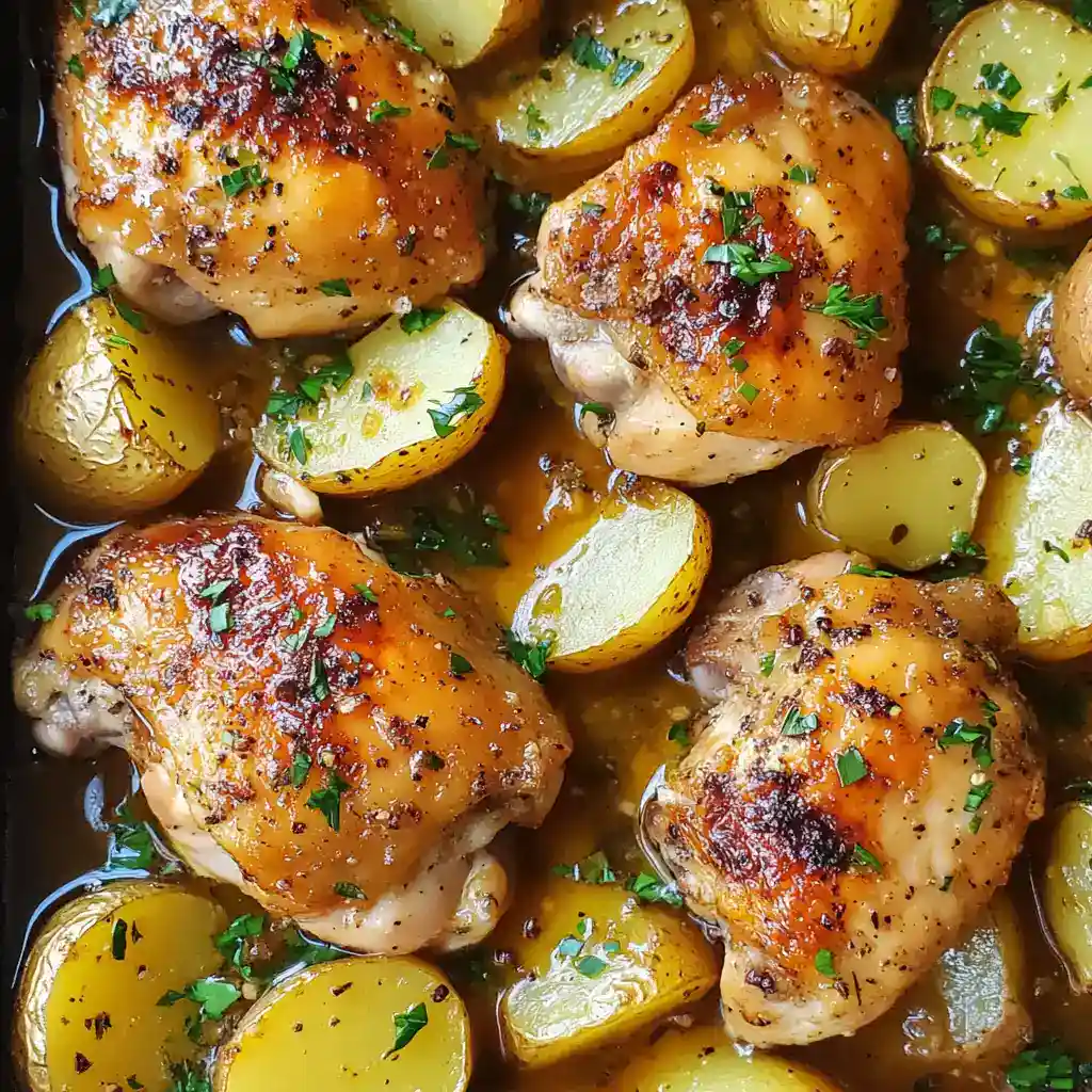 Juicy roasted chicken thighs with crispy golden skin, seasoned with herbs and spices, served with roasted baby potatoes and lemon slices, creating a flavorful and hearty dish.