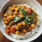 Savory chickpea curry served over fluffy white rice, garnished with fresh cilantro, perfect for easy weeknight dinners or meal prep. Flavorful, hearty vegan dish with rich tomato sauce.