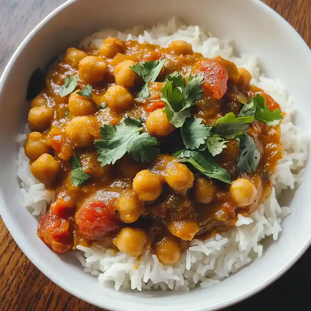 Savory chickpea curry served over fluffy white rice, garnished with fresh cilantro, perfect for easy weeknight dinners or meal prep. Flavorful, hearty vegan dish with rich tomato sauce.