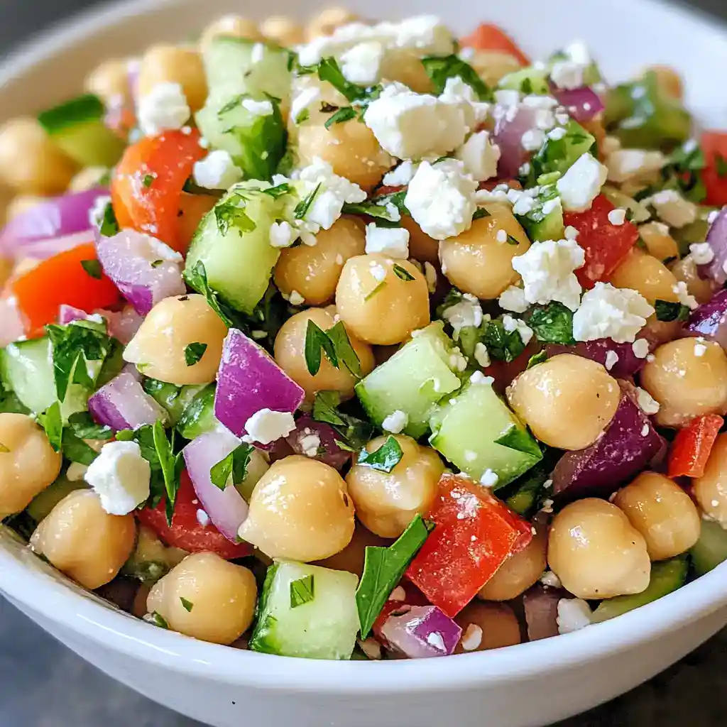Creamy chickpea and vegetable salad with feta cheese, cucumbers, tomatoes, red onion, and herbs, served as a fresh, healthy, vegetarian meal or side dish. Perfect for quick, nutritious recipes.