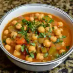 1. Delicious chickpea vegetable soup with fresh herbs in a white bowl.