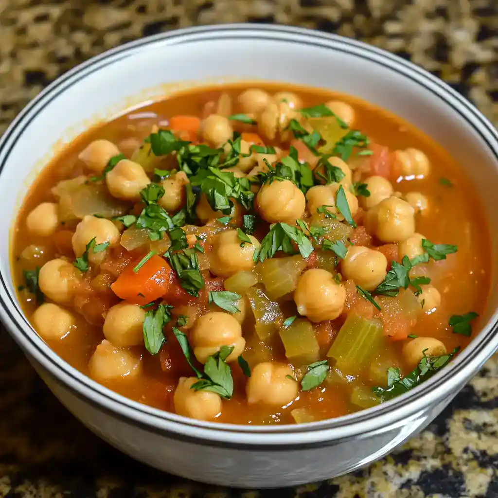 1. Delicious chickpea vegetable soup with fresh herbs in a white bowl.