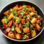 Roasted vegetable stir-fry with potatoes, bell peppers, zucchini, carrots, and fresh cilantro in a black bowl, highlighting healthy, colorful, and flavorful plant-based meal options.