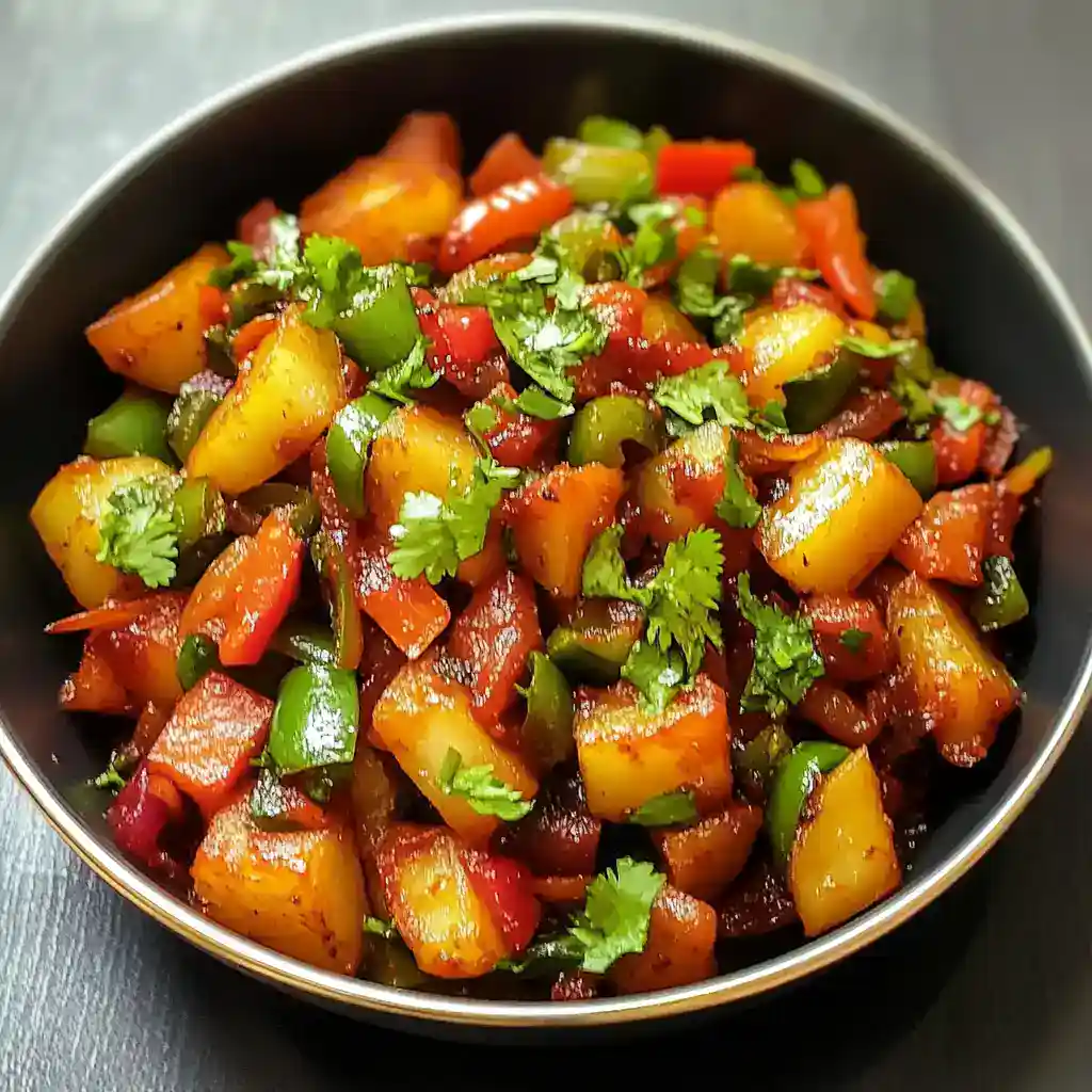 Roasted vegetable stir-fry with potatoes, bell peppers, zucchini, carrots, and fresh cilantro in a black bowl, highlighting healthy, colorful, and flavorful plant-based meal options.