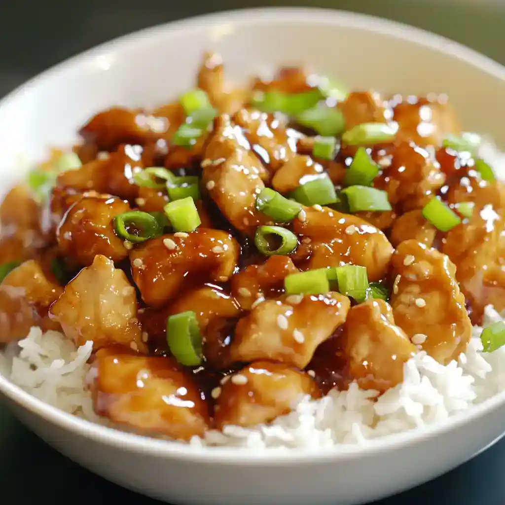 Savory chicken stir-fry served over white rice, topped with green onions and sesame seeds, glazed in a flavorful brown sauce, perfect for quick dinner recipes.