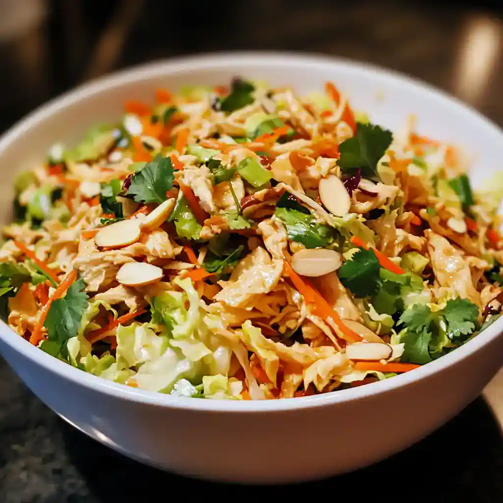 Fresh Thai chicken lettuce wraps in a white bowl with shredded carrots, chopped cilantro, sliced almonds, and crispy cabbage. Perfect for a healthy, flavorful appetizer or light lunch inspired by Station Recipes.